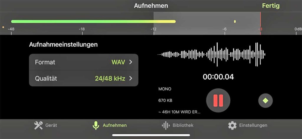Aufnahme in der Shure Motiv Audio App