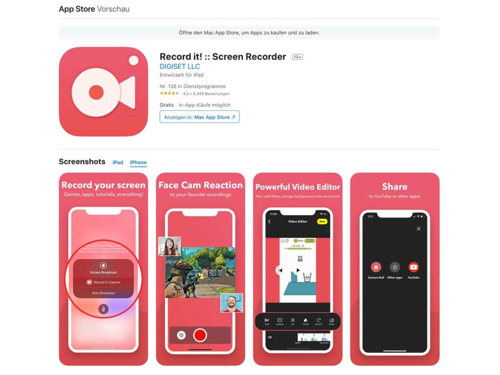App zum Bildschirm aufzeichnen mit iPhone oder Apple Smartphone