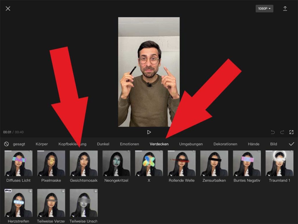 Mit dem Gesichtsmosaik kannst du Gesichter verpixeln und in Videos unkenntlich machen