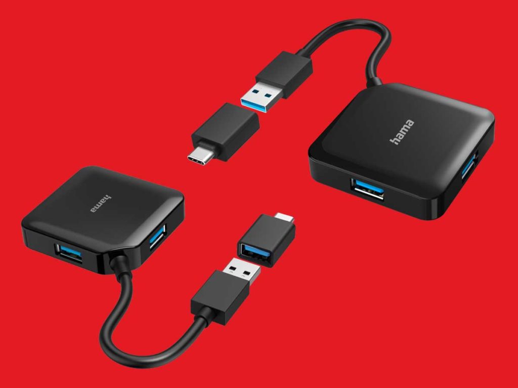 4 Steckplätze inklusive USB C Adapter machen den Hama USB Hub 3.0 zu einem praktischen Tool